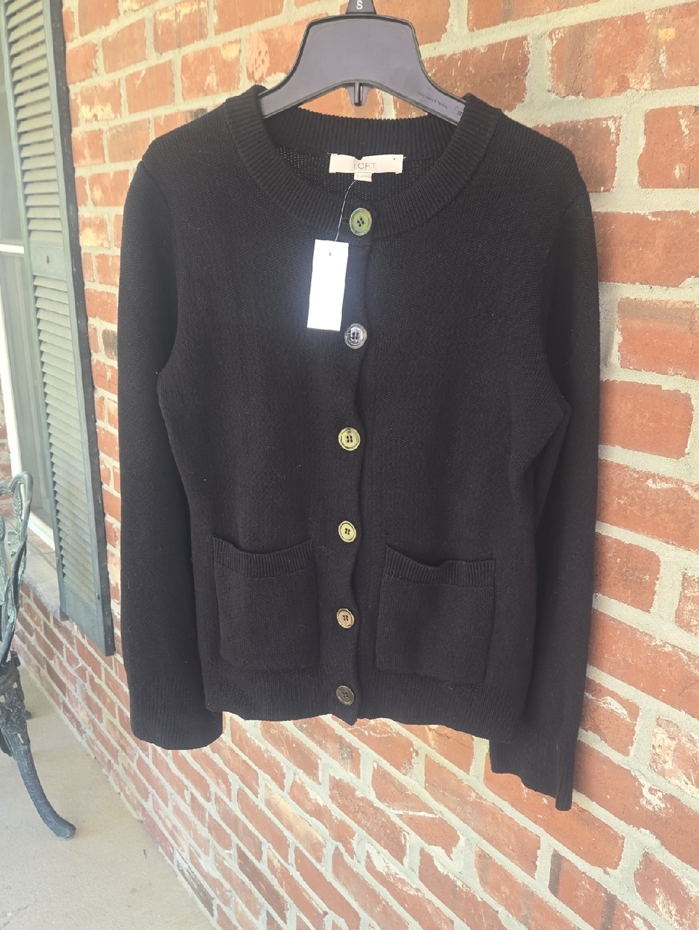 Loft Black Button-Front Patch Pocket  Cardigan